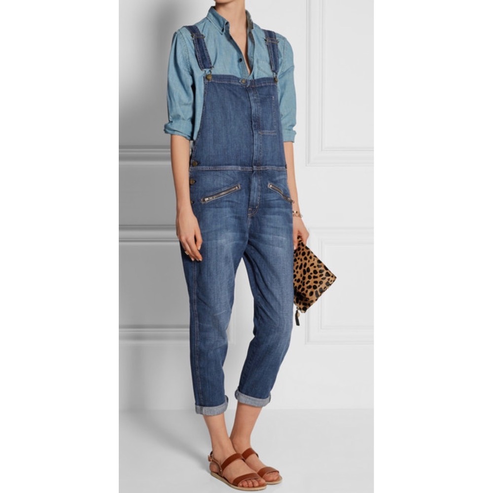Current/Elliott The Zip Boyfriend Denim Overalls Medium Wash Blue Sz 0